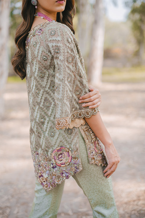 Pakistani Mint Green Embellished Organza Short Shirt & Jamawar Bell Bottoms (2-Piece) - Image 4