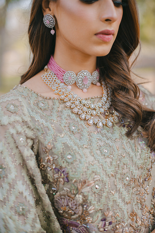 Pakistani Mint Green Embellished Organza Short Shirt & Jamawar Bell Bottoms (2-Piece) - Image 5