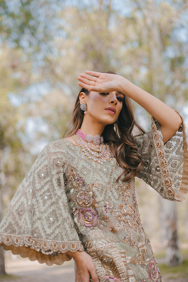 Pakistani Mint Green Embellished Organza Short Shirt & Jamawar Bell Bottoms (2-Piece) - Image 6