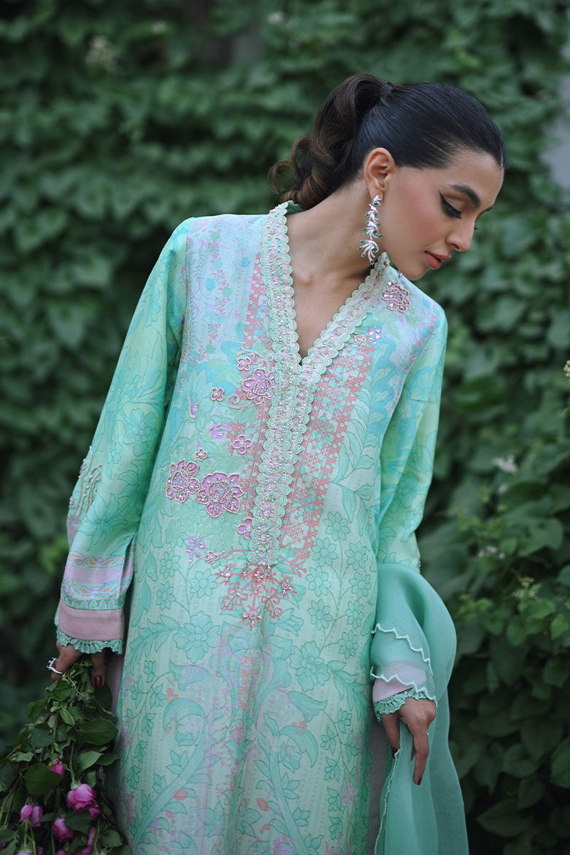 Aqua Green Embroidered Digital Print Long Shirt (3-Piece) - Image 2