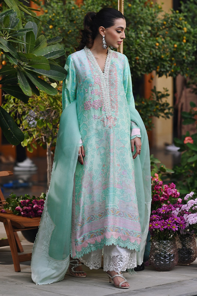 Aqua Green Embroidered Digital Print Long Shirt (3-Piece) - Image 4