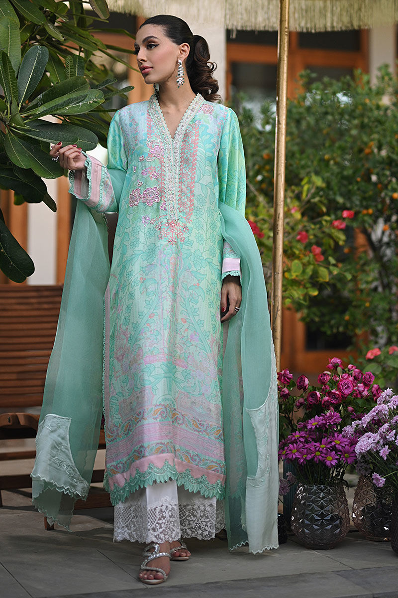 Aqua Green Embroidered Digital Print Long Shirt (3-Piece) - Image 5