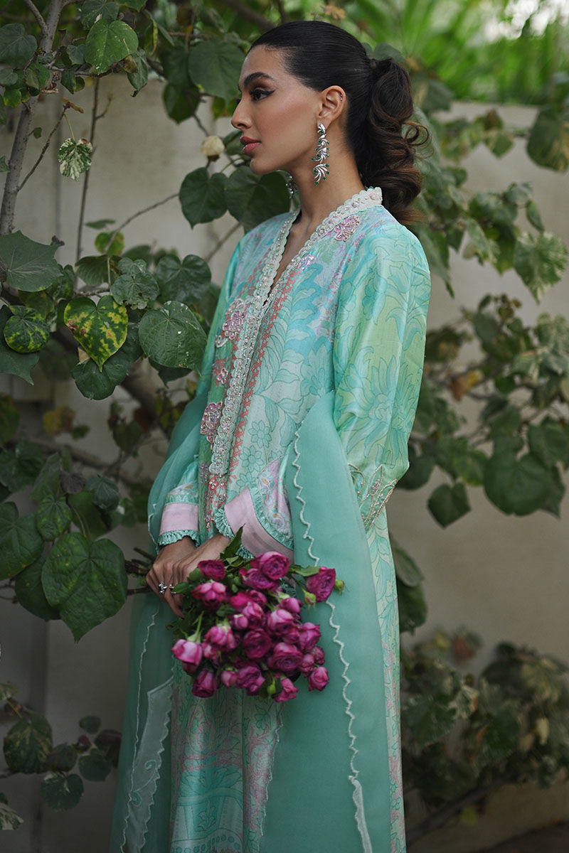Aqua Green Embroidered Digital Print Long Shirt (3-Piece) - Image 6