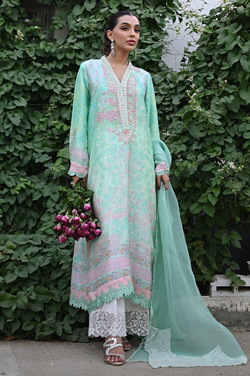 Aqua Green Embroidered Digital Print Long Shirt (3-Piece) - Image 7