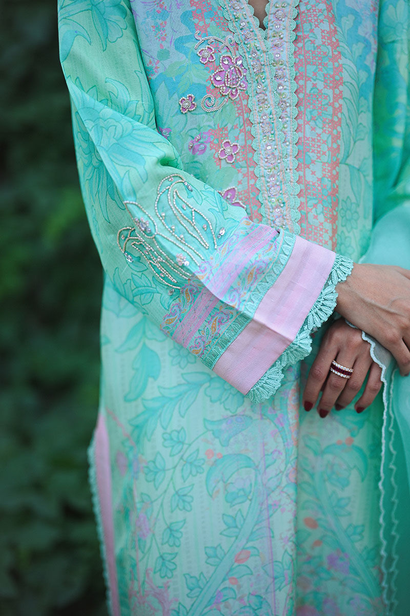 Aqua Green Embroidered Digital Print Long Shirt (3-Piece) - Image 8