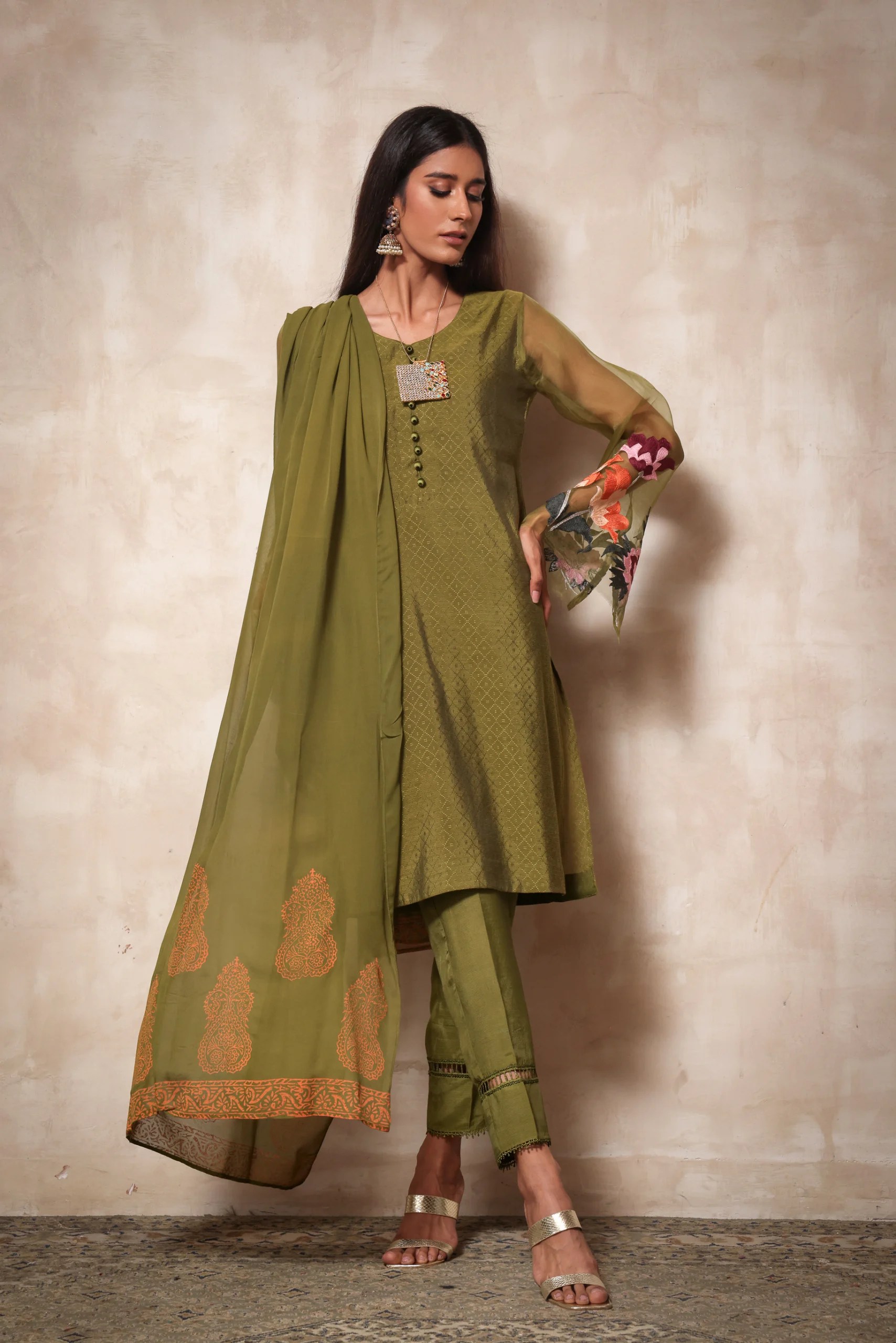 Olive Green Embroidered Lightweight 3-Piece Salwar Kameez - Image 1