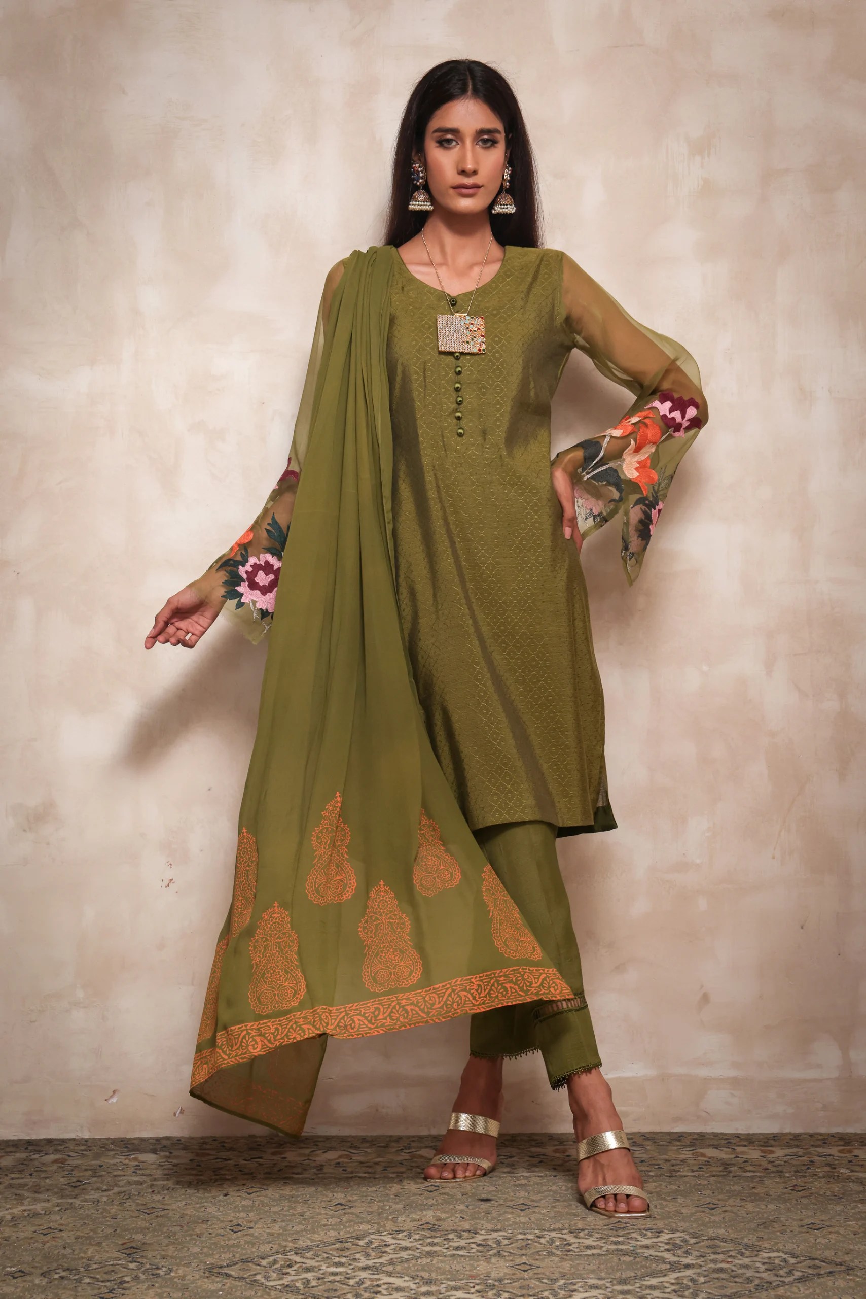 Olive Green Embroidered Lightweight 3-Piece Salwar Kameez - Image 2