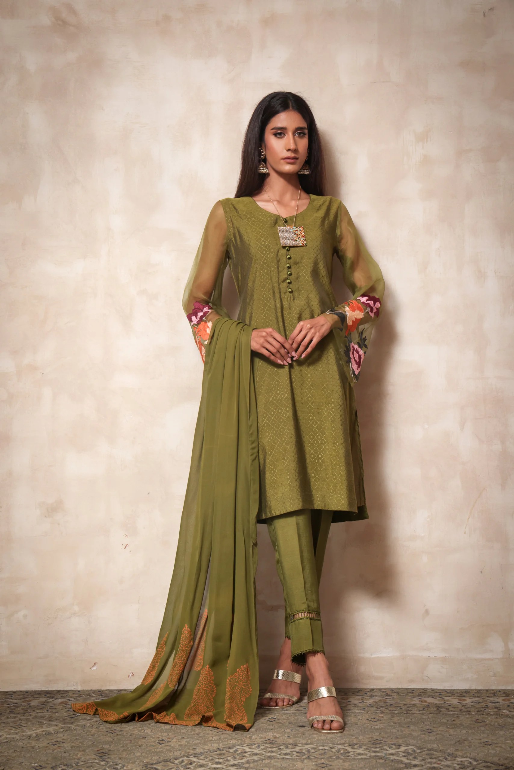 Olive Green Embroidered Lightweight 3-Piece Salwar Kameez - Image 3