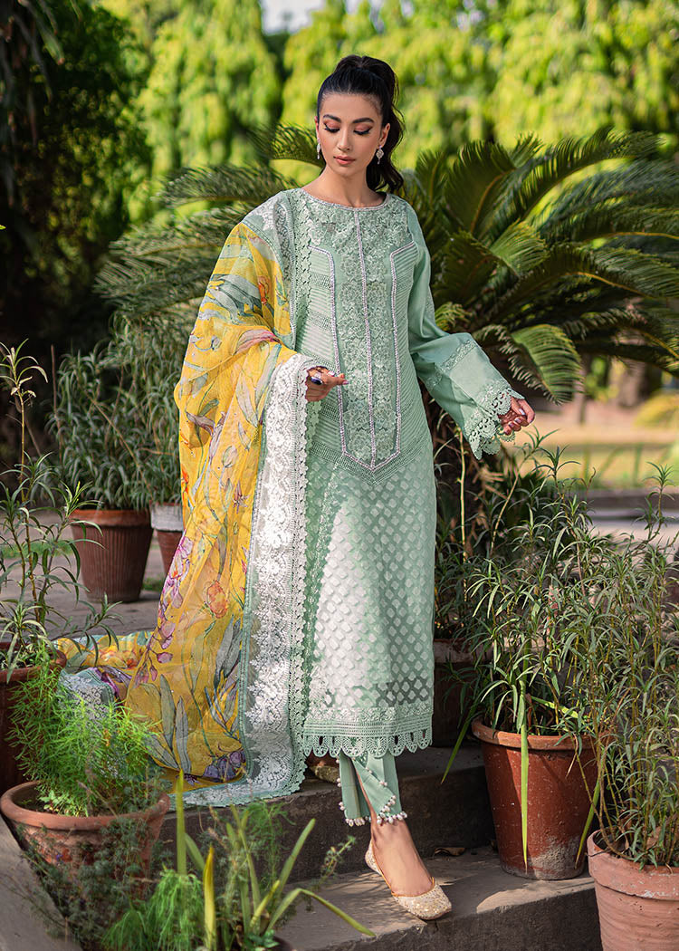 Pakistani Mint Green Embroidered Organza & Cotton Net Salwar Kameez (3-Piece) - Image 3