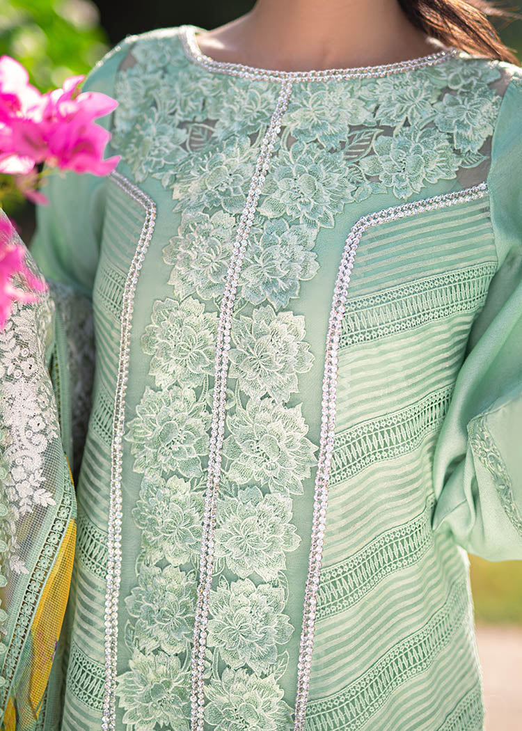 Pakistani Mint Green Embroidered Organza & Cotton Net Salwar Kameez (3-Piece) - Image 6