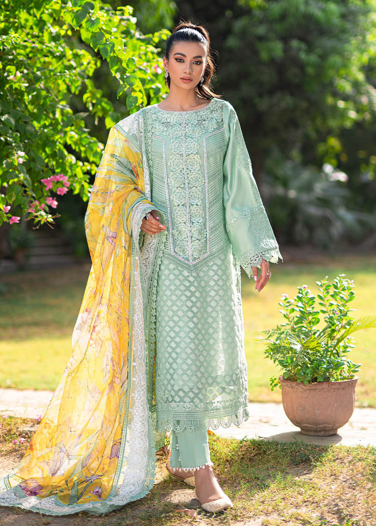 Pakistani Mint Green Embroidered Organza & Cotton Net Salwar Kameez (3-Piece) - Image 9