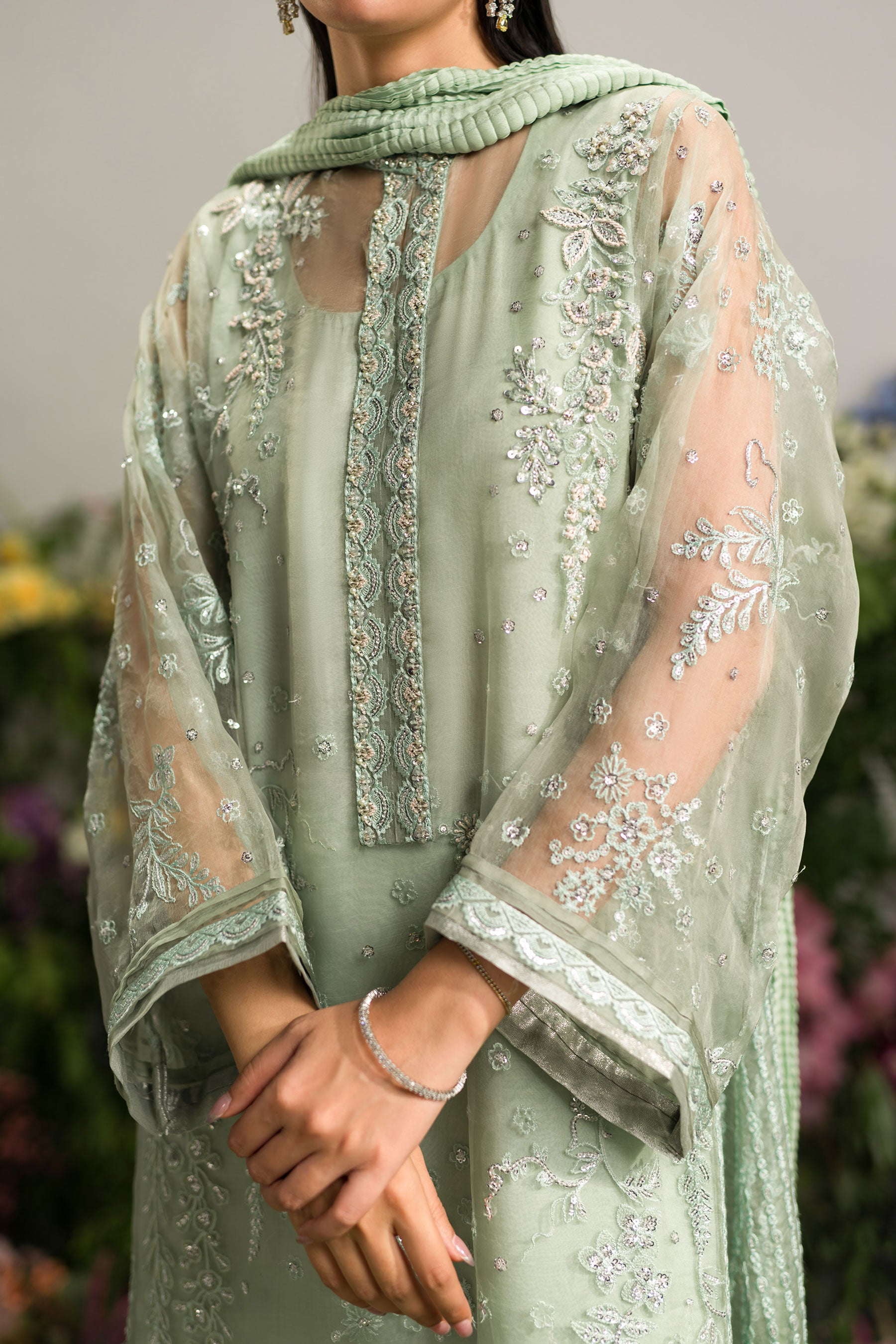 Mint Jade Embroidered Organza Salwar Kameez (4-Piece) - Image 2