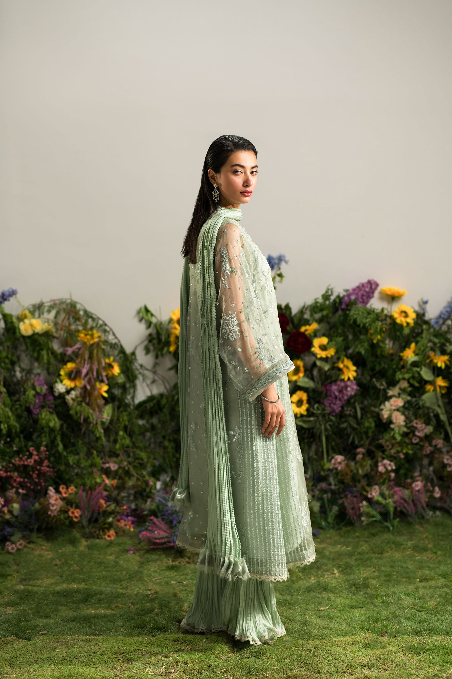 Mint Jade Embroidered Organza Salwar Kameez (4-Piece) - Image 4