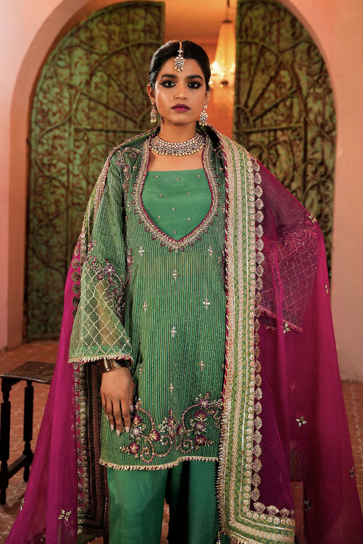 Pakistani Green Embroidered Organza Salwar Kameez (3-Piece) - Image 2