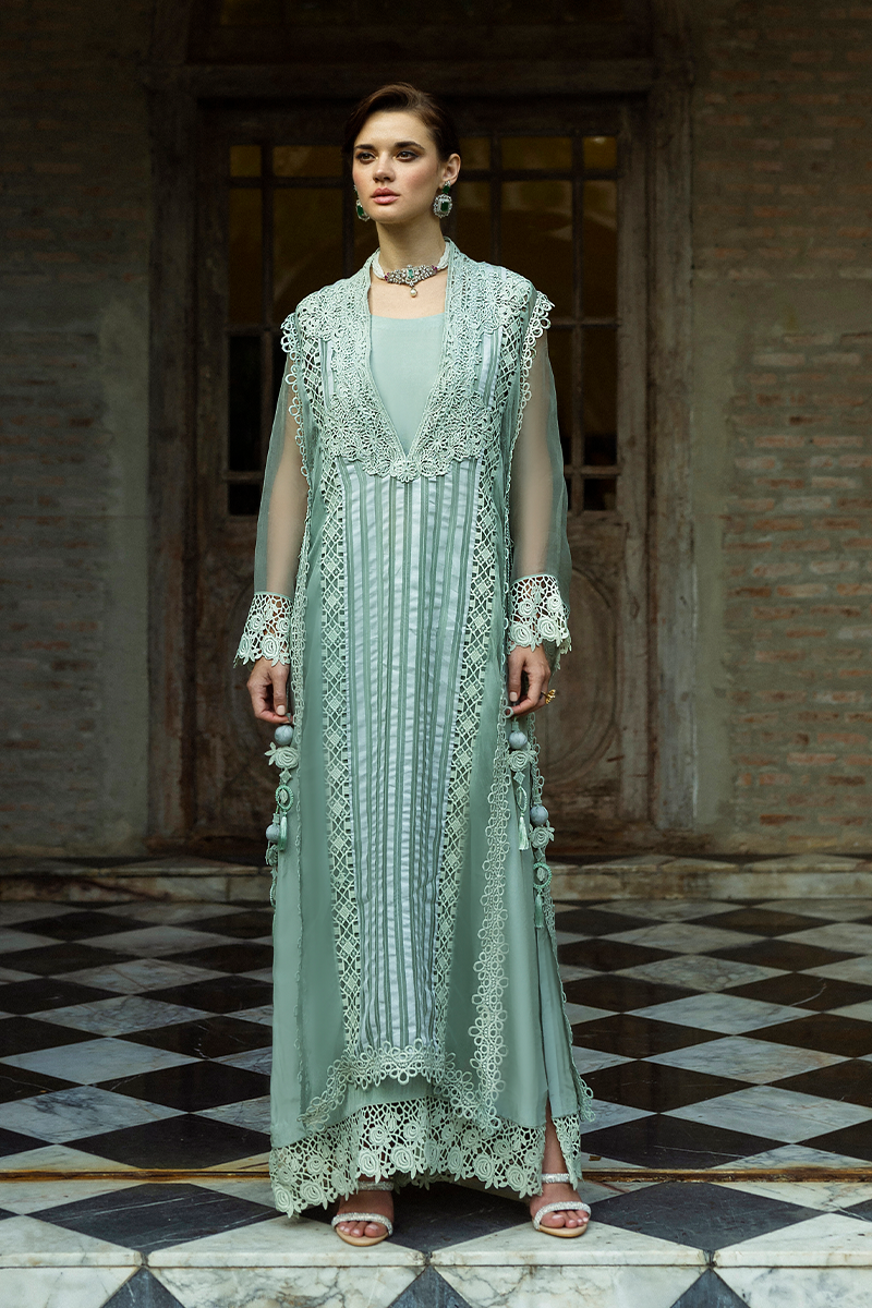 Pakistani Mint Lace Organza Long Shirt with Raw Silk Trousers (2-Piece) - Image 1