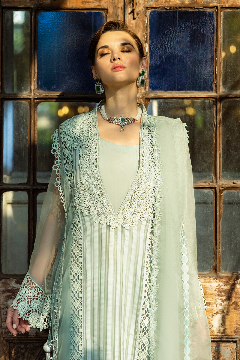 Pakistani Mint Lace Organza Long Shirt with Raw Silk Trousers (2-Piece) - Image 10