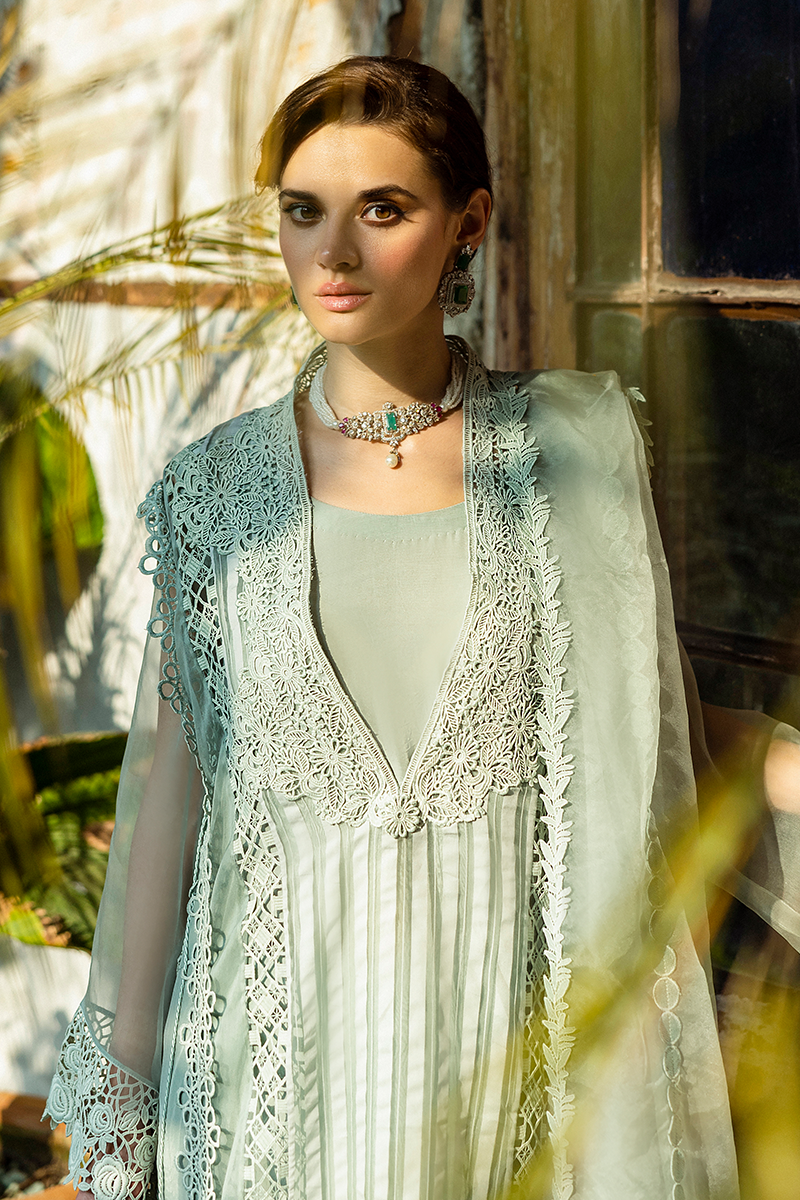 Pakistani Mint Lace Organza Long Shirt with Raw Silk Trousers (2-Piece) - Image 11