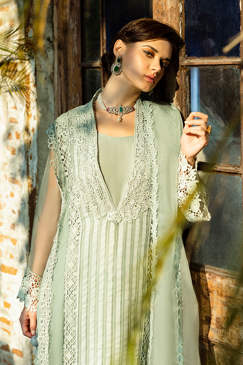 Pakistani Mint Lace Organza Long Shirt with Raw Silk Trousers (2-Piece) - Image 12