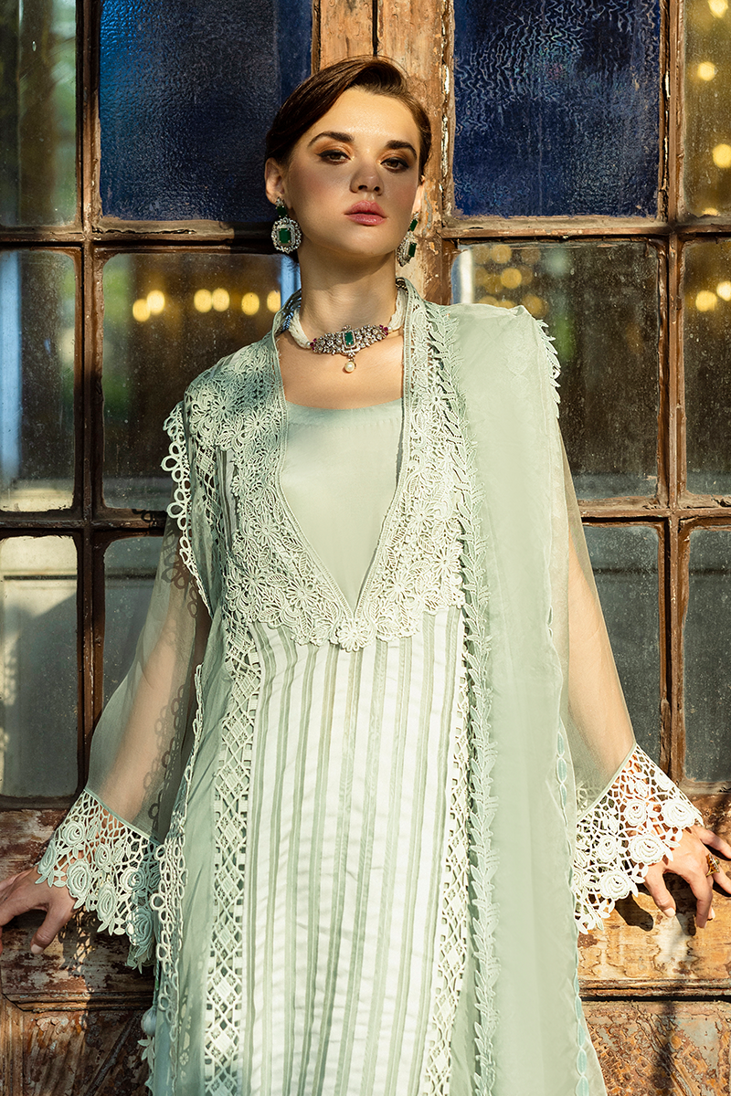 Pakistani Mint Lace Organza Long Shirt with Raw Silk Trousers (2-Piece) - Image 13