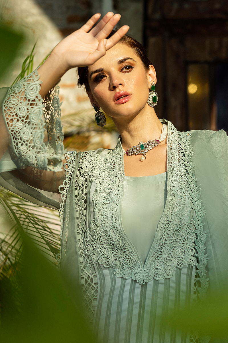 Pakistani Mint Lace Organza Long Shirt with Raw Silk Trousers (2-Piece) - Image 14