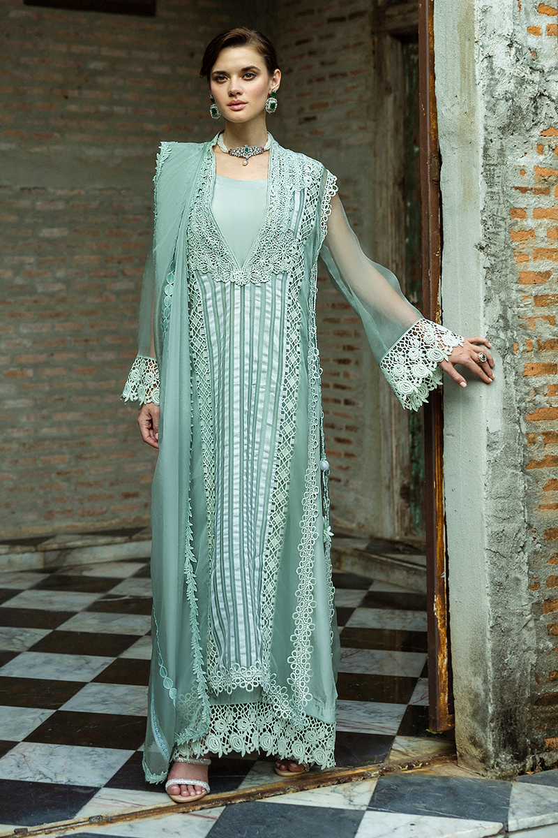 Pakistani Mint Lace Organza Long Shirt with Raw Silk Trousers (2-Piece) - Image 15