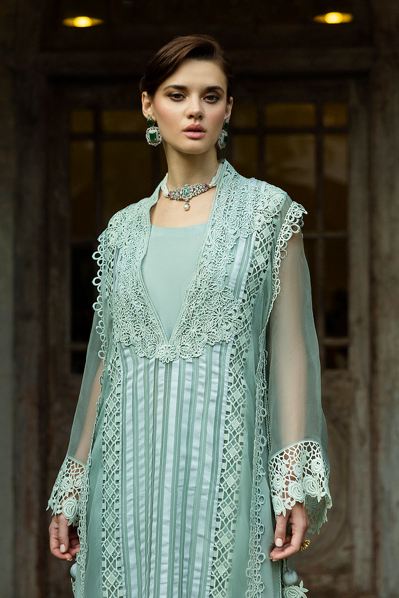 Pakistani Mint Lace Organza Long Shirt with Raw Silk Trousers (2-Piece) - Image 16