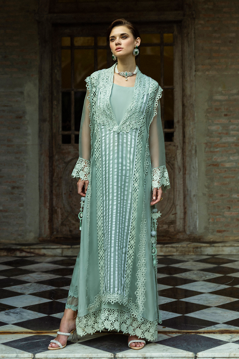 Pakistani Mint Lace Organza Long Shirt with Raw Silk Trousers (2-Piece) - Image 17