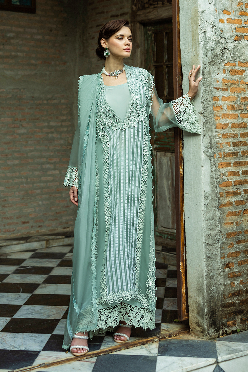 Pakistani Mint Lace Organza Long Shirt with Raw Silk Trousers (2-Piece) - Image 18