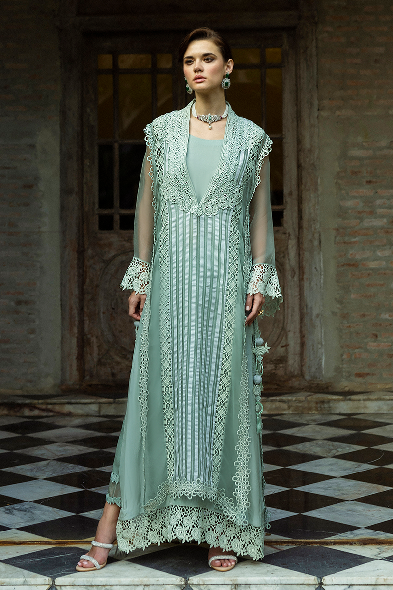 Pakistani Mint Lace Organza Long Shirt with Raw Silk Trousers (2-Piece) - Image 2