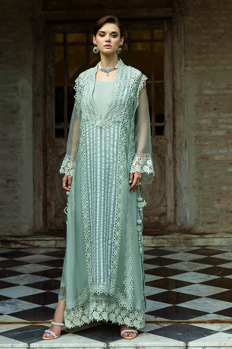 Pakistani Mint Lace Organza Long Shirt with Raw Silk Trousers (2-Piece) - Image 3