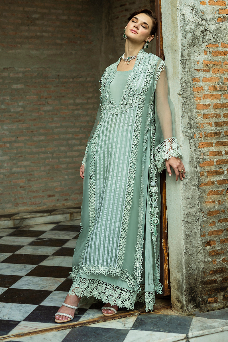 Pakistani Mint Lace Organza Long Shirt with Raw Silk Trousers (2-Piece) - Image 4