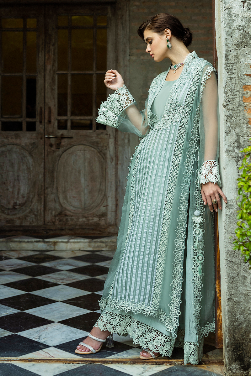 Pakistani Mint Lace Organza Long Shirt with Raw Silk Trousers (2-Piece) - Image 6