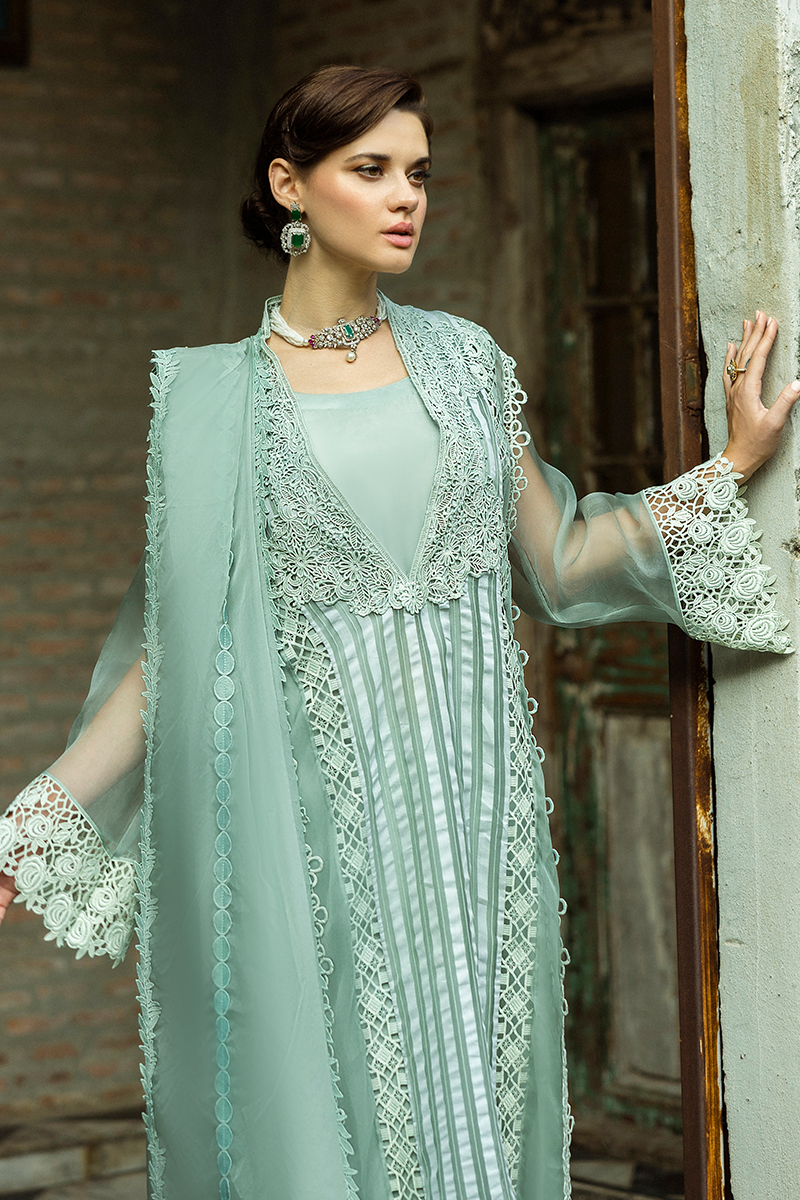 Pakistani Mint Lace Organza Long Shirt with Raw Silk Trousers (2-Piece) - Image 7