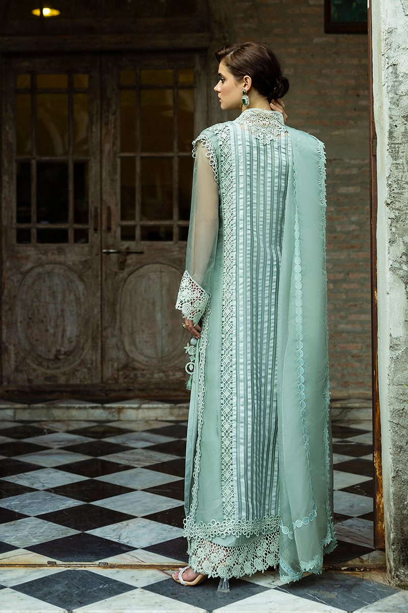 Pakistani Mint Lace Organza Long Shirt with Raw Silk Trousers (2-Piece) - Image 8