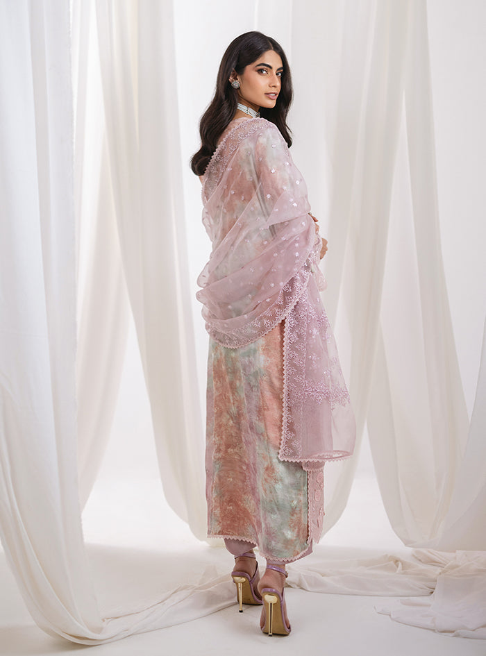 Apple Green Tie-Dye Organza Salwar Kameez (3-Piece) - Image 2