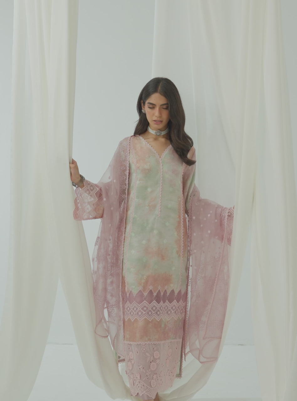 Apple Green Tie-Dye Organza Salwar Kameez (3-Piece) - Image 5