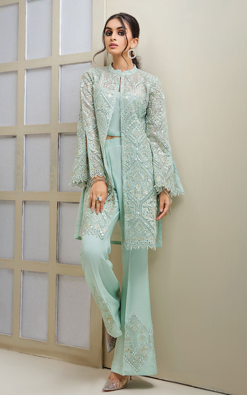 Mint Green Mirror Work Organza Jacket Set (2-Piece) - Image 1