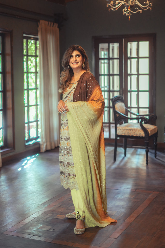 Olive Embroidered Organza Salwar Kameez (3-Piece) - Image 1