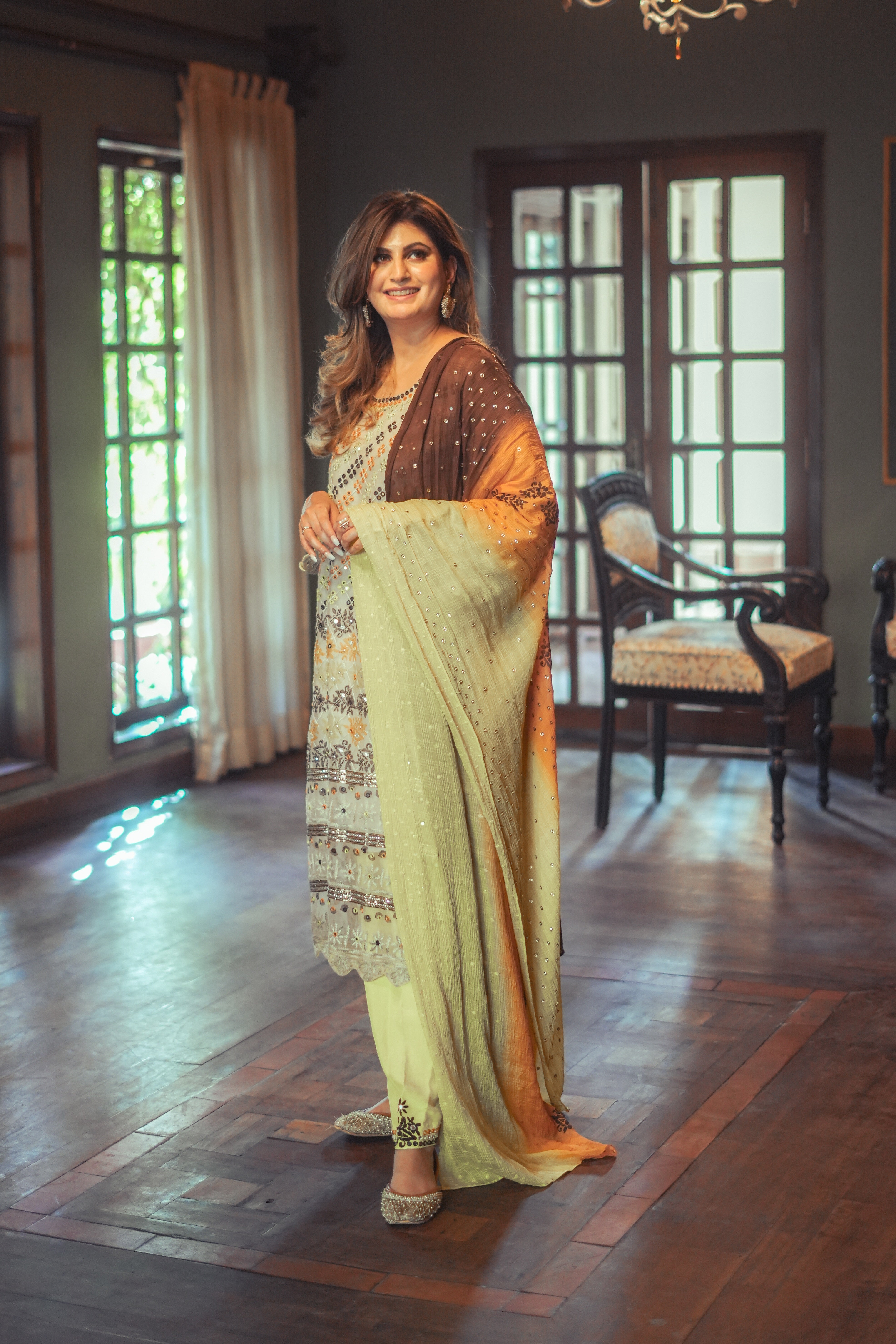 Olive Embroidered Organza Salwar Kameez (3-Piece) - Image 6