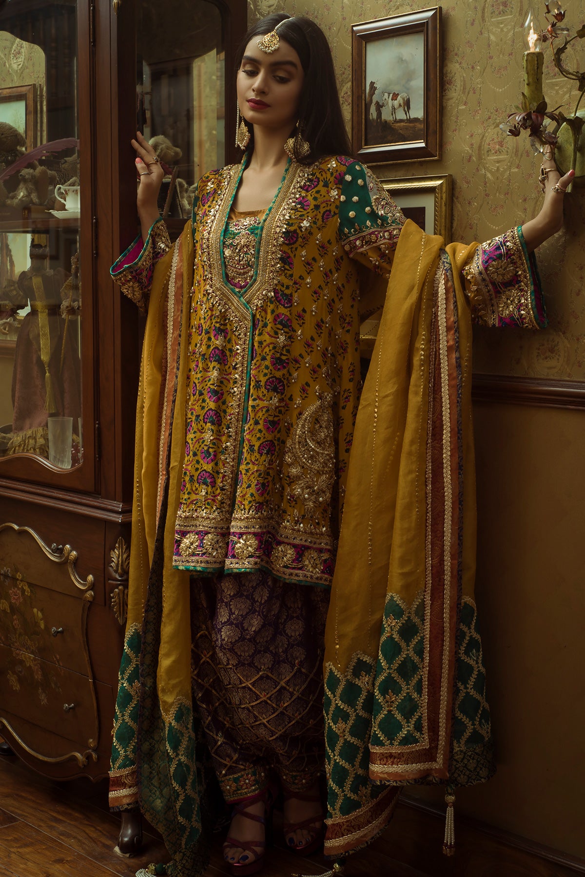 Mustard Green Embroidered Organza Salwar Kameez (3-Piece) - Image 1