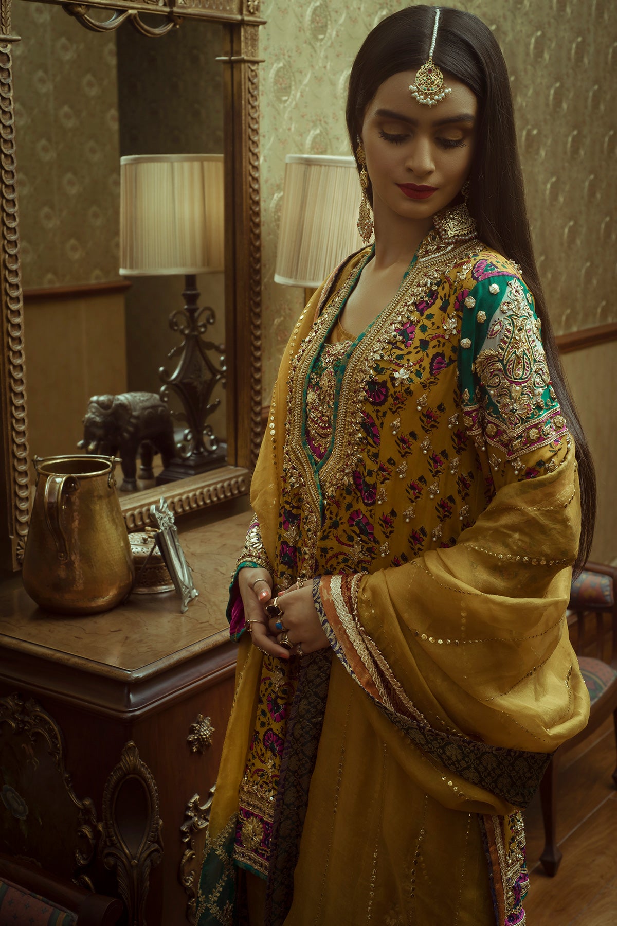 Mustard Green Embroidered Organza Salwar Kameez (3-Piece) - Image 2