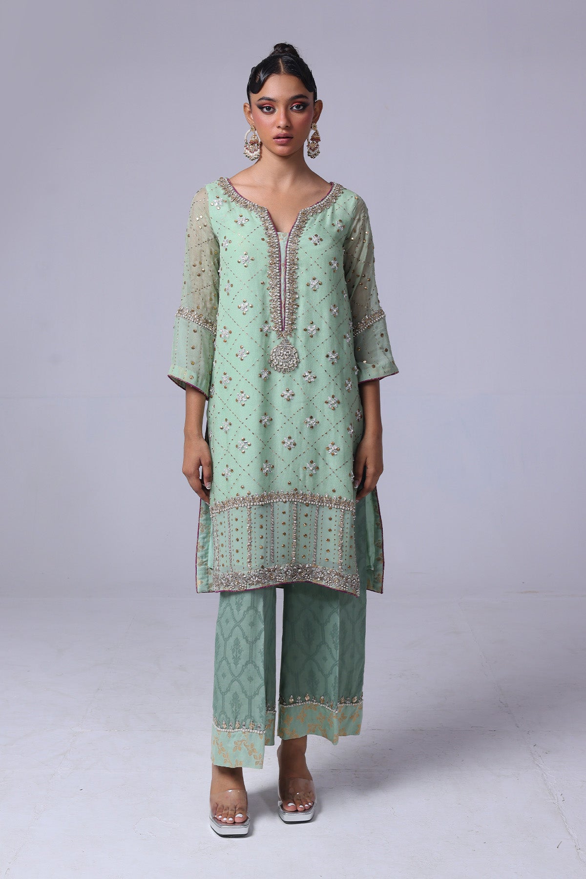 Sea Green Mukesh Organza Kurta with Banarsi Pants (2-Piece) - Image 1