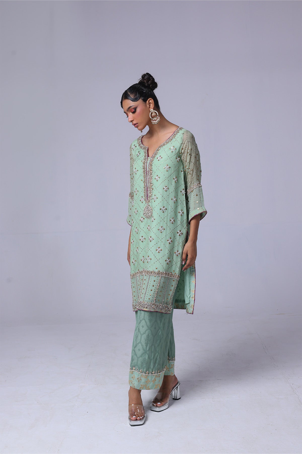 Sea Green Mukesh Organza Kurta with Banarsi Pants (2-Piece) - Image 2