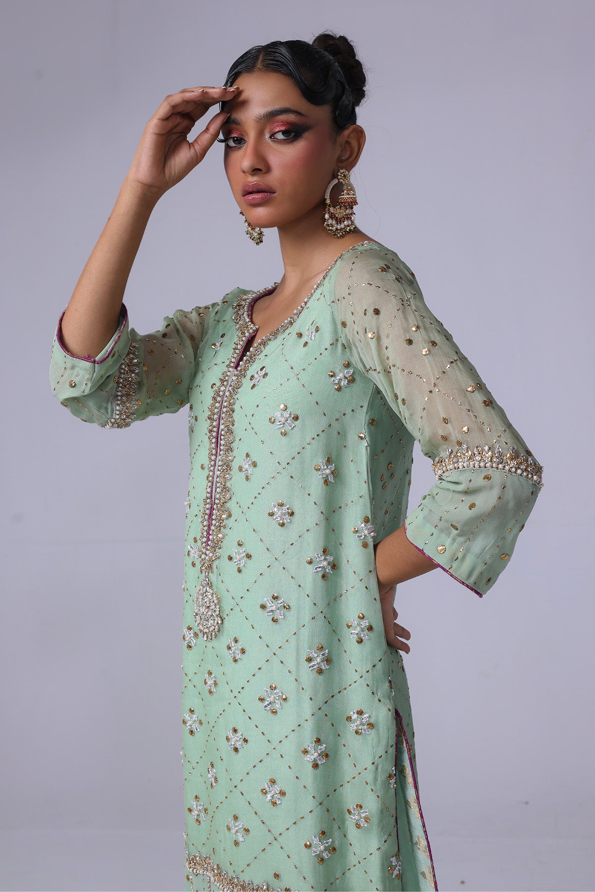 Sea Green Mukesh Organza Kurta with Banarsi Pants (2-Piece) - Image 3