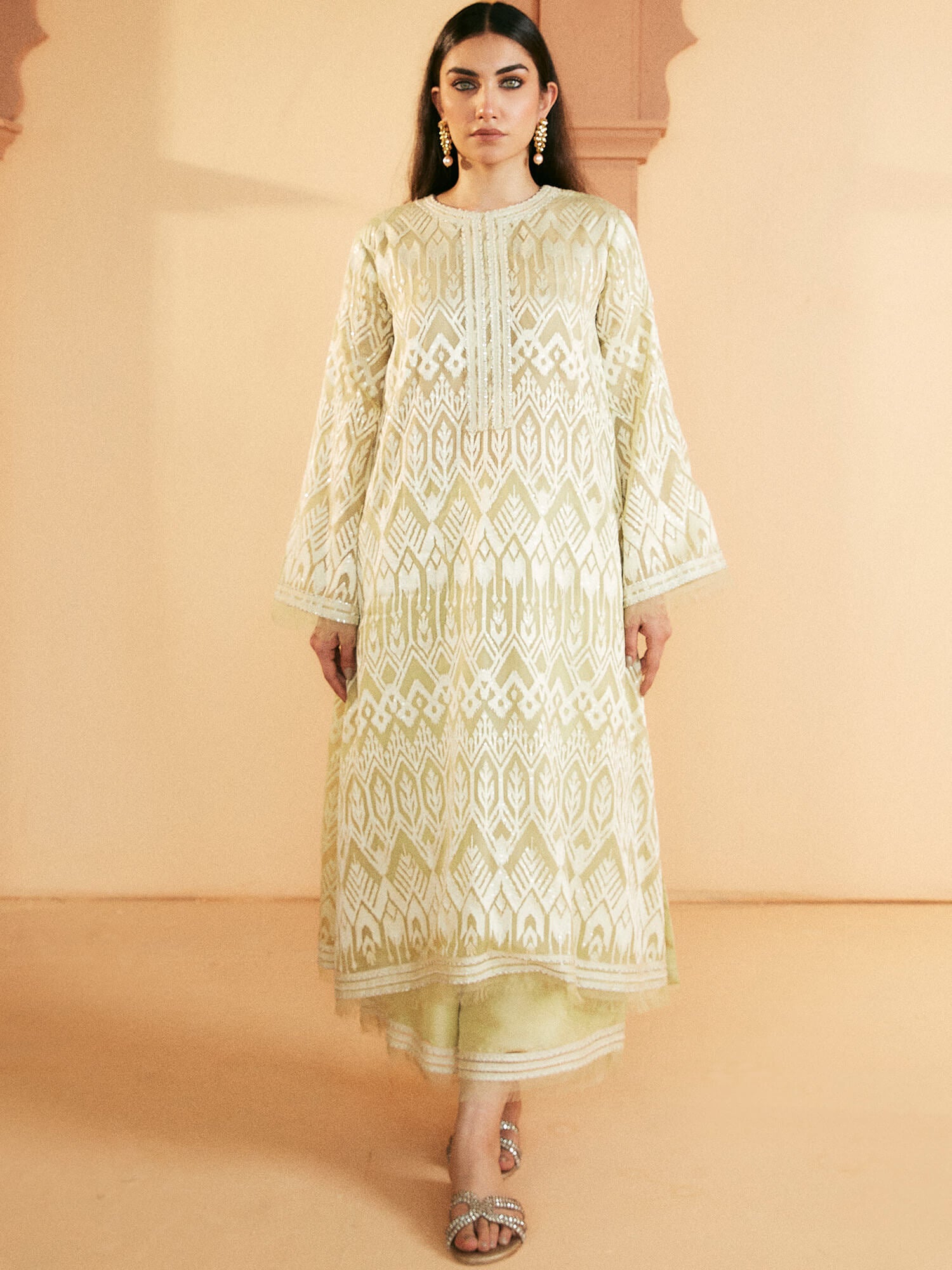 Sorbet Lime Resham Embroidered Organza Kurta (2-Piece) - Image 1