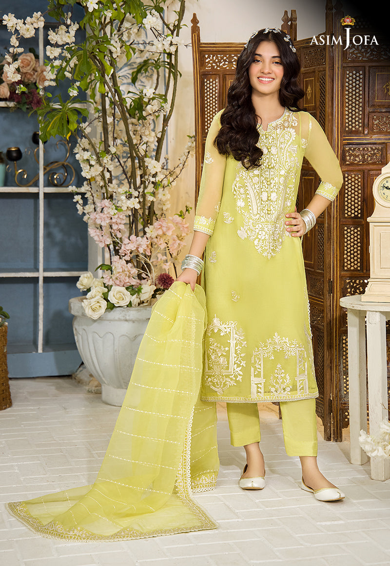 Pakistani Peppy Lime Resham Embroidered Organza Salwar Kameez (3-Piece) - Image 3