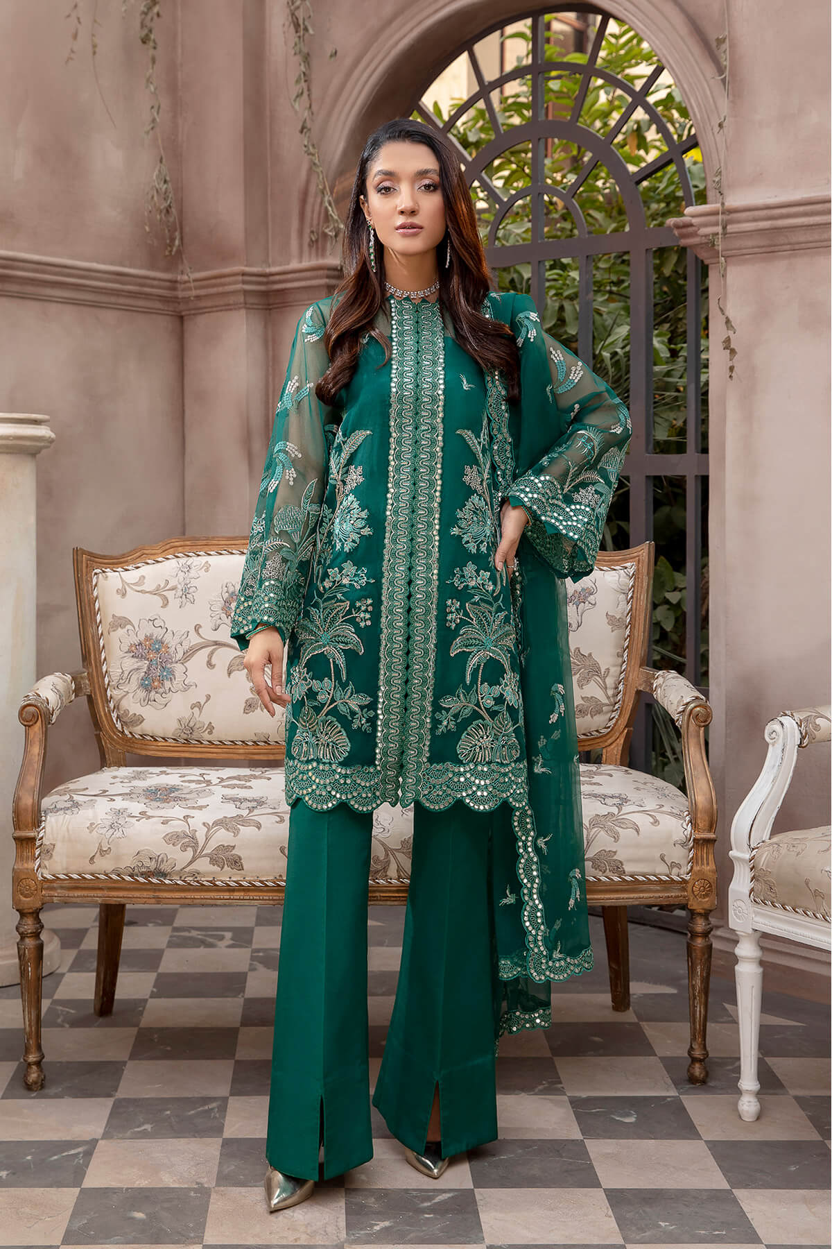 Pakistani Emerald Green Embroidered Organza & Silk Jacket Set (4-Piece) - Image 1