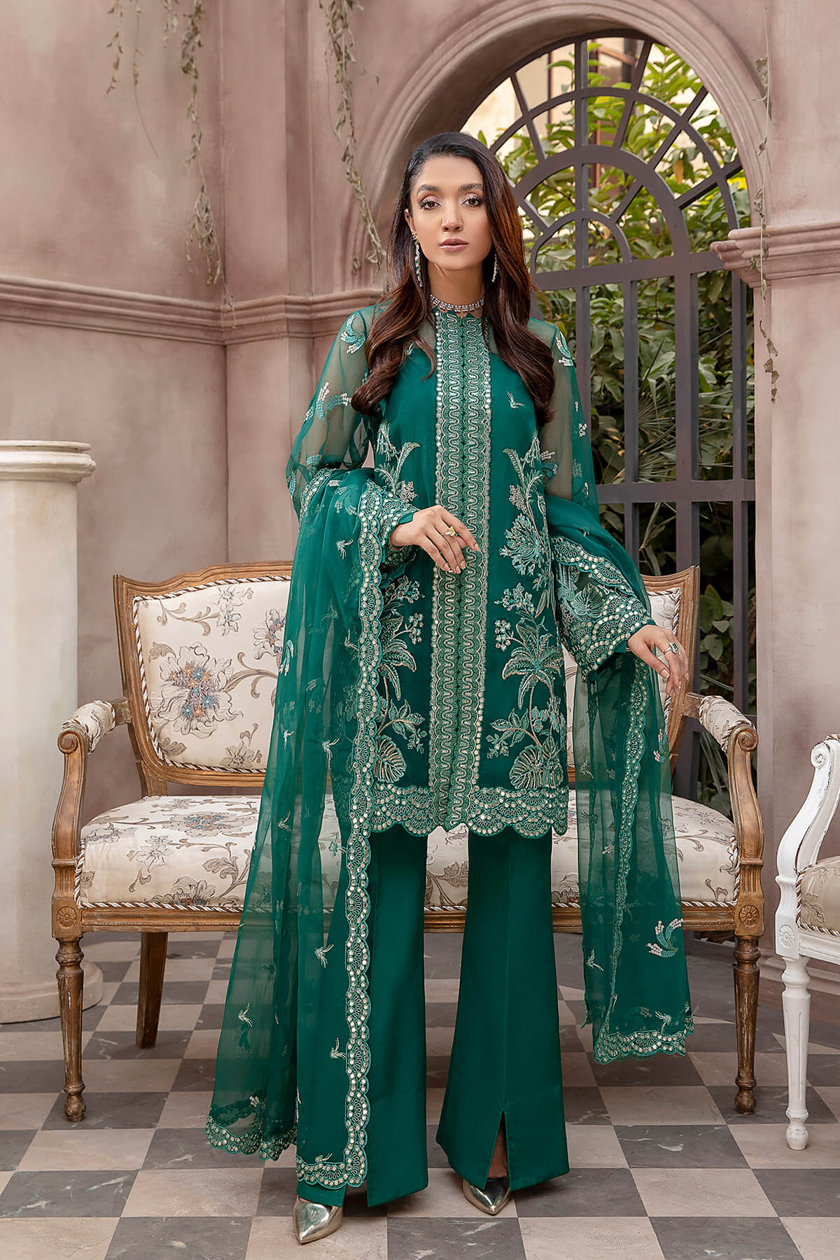 Pakistani Emerald Green Embroidered Organza & Silk Jacket Set (4-Piece) - Image 3