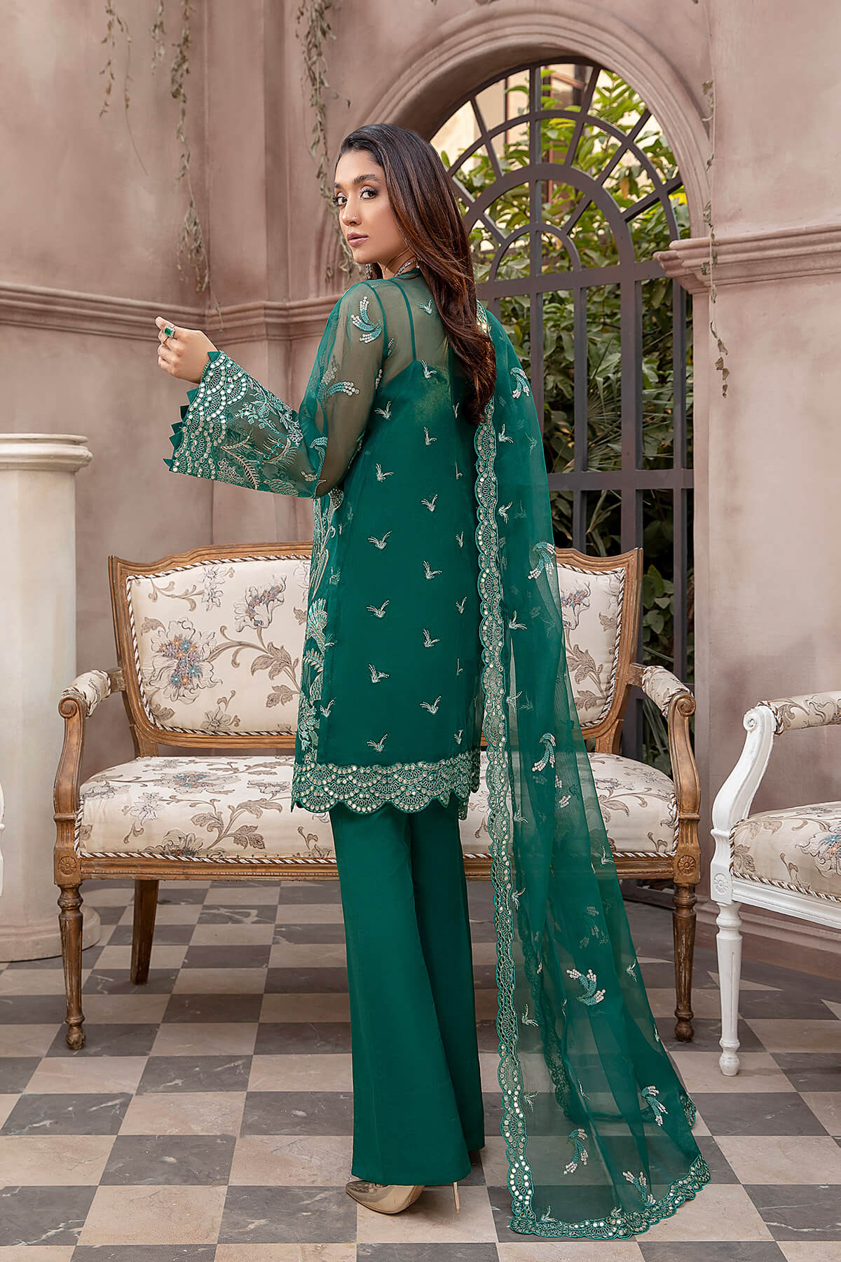 Pakistani Emerald Green Embroidered Organza & Silk Jacket Set (4-Piece) - Image 5