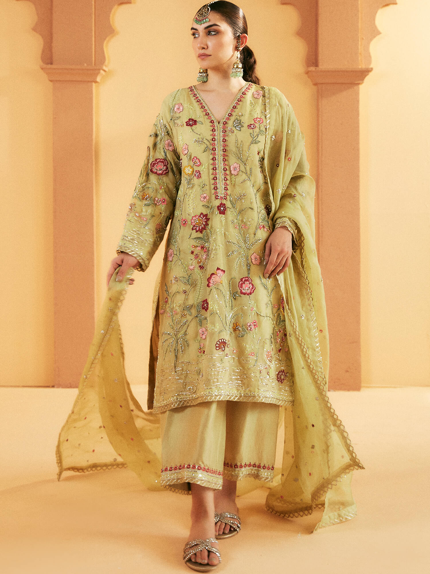 Pakistani Lime Embroidered Organza Kurta Set (3-Piece) - Image 1